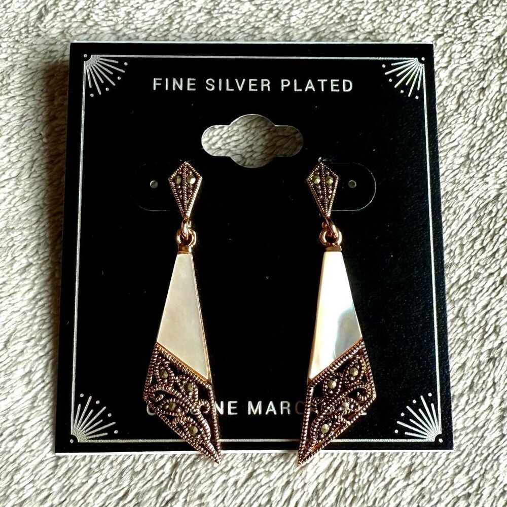 Designer Fine Silver Plated Genuine Marcasite Rose Gold Tone Drop Earrings